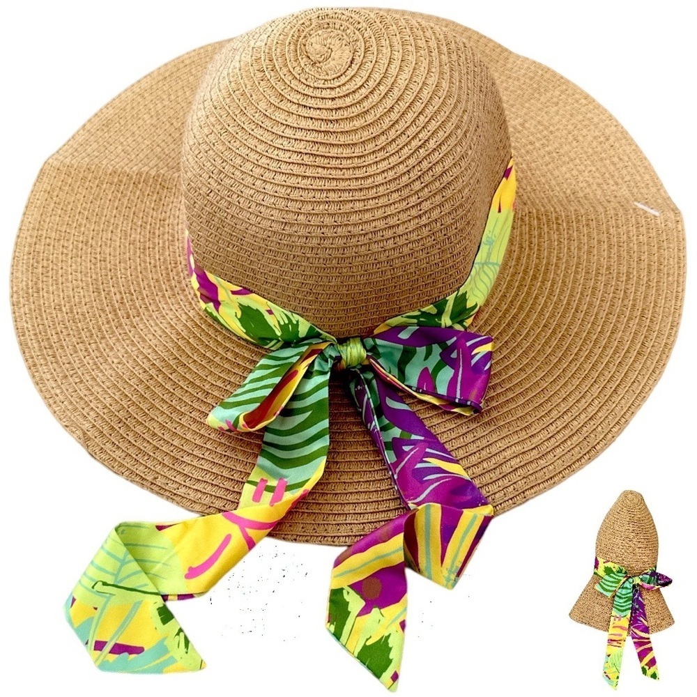 New Steve Madden Foldable Travel Paper Sun Hat Vibrant Boho Silky Scarf Accent